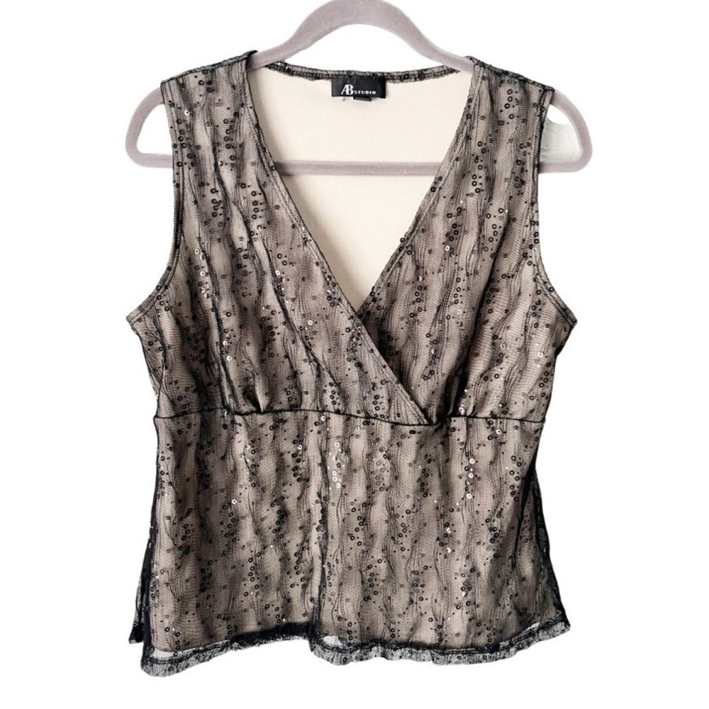 Vintage Y2K Whimsigoth AB Studio Black Sequin Mesh Surplice Top Size Large